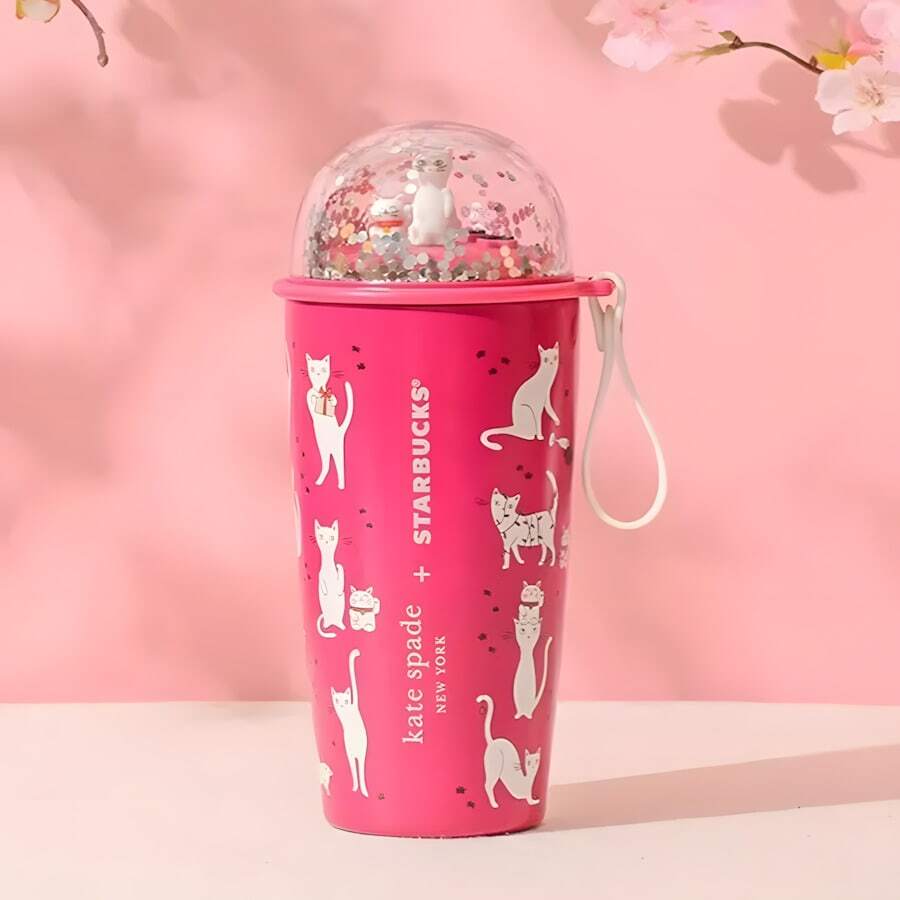 Kate Spade 1 pieza Taza aislada rosa con marca compartida de , -2023-99, Taza térmica con patrón de gato rojo lindo y tapa con bola de cristal, 355ML, Botella de agua portátil y elegante para uso en el hogar y al aire libre, regalo para ella/él, regalo de cumpleaños, regalo de Navidad.