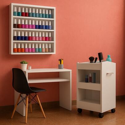 Kit Manicure 3 Peças – Mesa MDF + Carrinho Auxiliar com Rodinhas + Expositor de Esmaltes