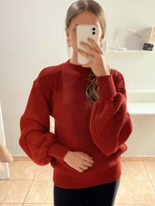 WOMEN'S KNIT SWEATER Puffed Sleeve Knitted Fang Modern Sophisticated - 鏽 - 查看 3