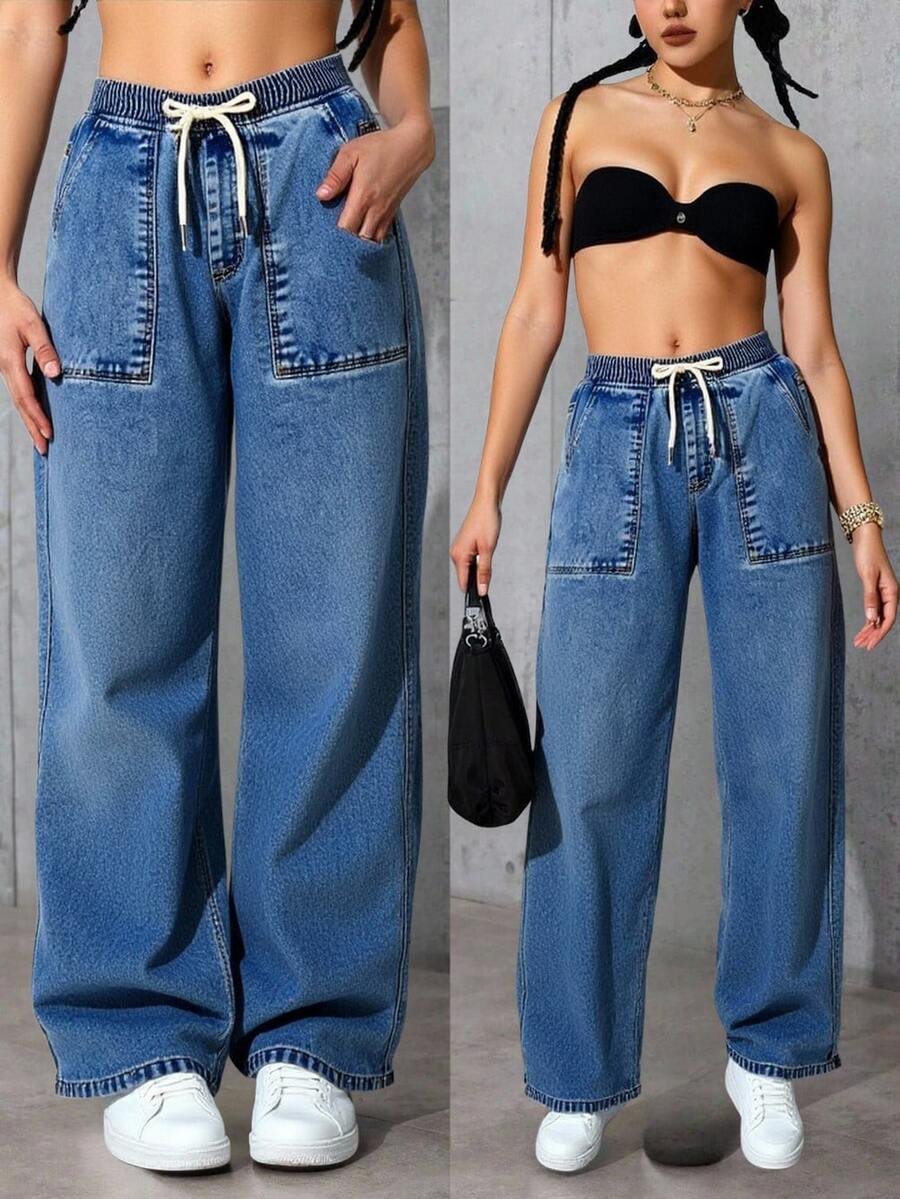 Pantalones de mezclilla de mujer de moda con bolsillos, diseño de pierna ancha y cintura ajustable con cordón - Perfectos para un estilo casual y cómodo - Zhonglan - Ver 1