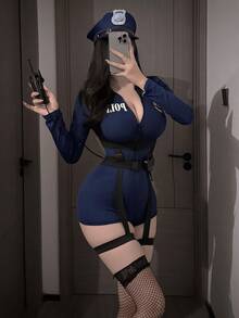 1 Bộ trang phục đồng phục cảnh sát nữ nhập vai trang phục cosplay, phong cách tiếp viên hàng không gợi cảm Châu Âu & Mỹ Quý bà sếp thư ký ăn mặc trang phục - Màu xanh lam - Xem 2