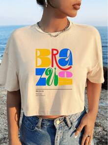 Cropped Oversized Drop Shoulder Beachwear Stylish Casual Blouse Summer Print - Brazil Brazuca Copa - 奶油色 - 查看 3