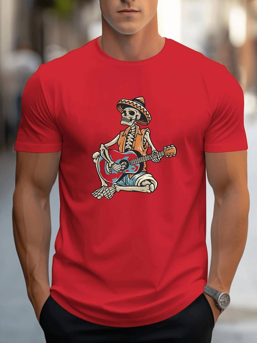 Summer Bestsellers Men's Graphic T-Shirt - Black Guitar And Mexican Hat Skull Design Short Sleeve Shirt - Lightweight Breathable Fabric, Suitable For Fitness, Running, Casual Wear - Machine Washable Daily Street Style Top, Fashionable Sports Gear, Durable Material, Youth Style Supple - 紅色 - 查看 1
