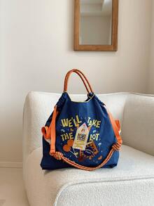 New Women's Tote Bag, Japanese Embroidery Fashionable Rocket Pattern, Large Capacity, Lightweight, Foldable, Suitable For Shopping, Party, Commuting, Sports, Surprise Gift, Women's Shoulder Bag, Large Capacity Handbag, Commuter Bag, Charming Women's Bag