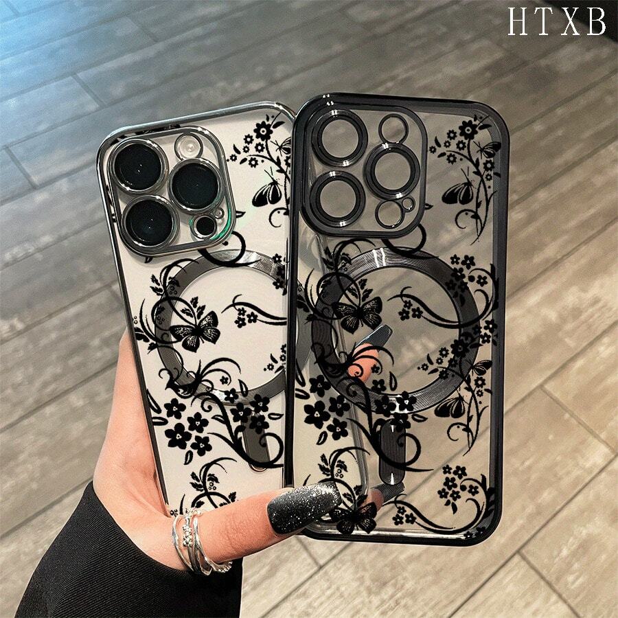 funda de teléfono Patrones de flores hermosas La funda de teléfono magnética electrochapada con lente todo incluido soporta carga inalámbrica magnética y adecuada para las series iPhone16promax, 16 15pro, 14 14 Plus/14 Promax, 13 13 Pro, 12Pro, 11/11 Pro y Pro.un gran regalo para amigos, cumpleaños y festivales. - Dorado - Ver 1