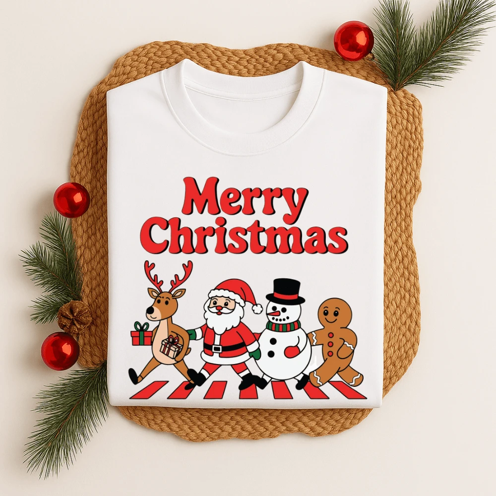 Unisex Cotton T-Shirt Printed Christmas Pedestrian Stripe 543 Men's Blouse Women's Round Neck T-Shirt Premium Fabric Christmas Theme - 白色 - 查看 1