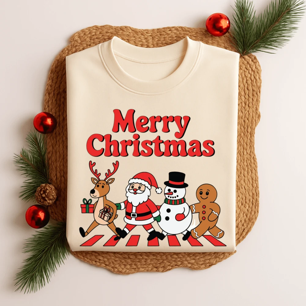 Unisex Cotton T-Shirt Printed Christmas Pedestrian Stripe 543 Men's Blouse Women's Round Neck T-Shirt Premium Fabric Christmas Theme - 離開 - 查看 1