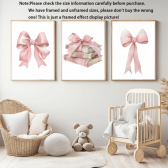 3pcs Fashion Pink Bow Wall Art - Academic Style Poster For Girls' Room Decor - Watercolor Painting - Playful Room Decor - Girl's Book Pile, Wall Arts, Posters, Hangable, Suitable For Home Decor, Wall Decor, Bathroom Decor, Bedroom Decor, Living Room Decor, Kitchen Decor, Office Decor - Canvas Material (Optional Frame)