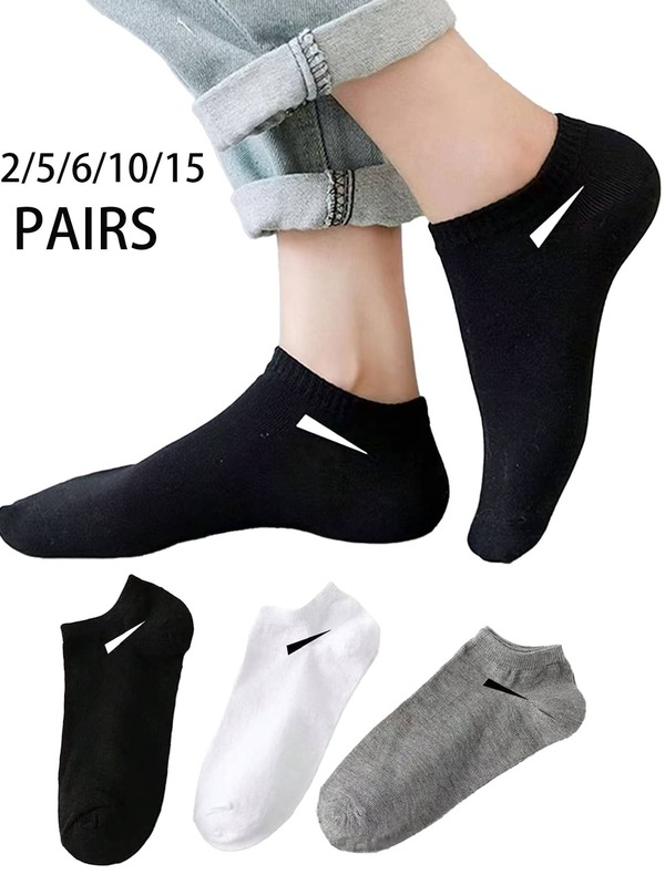 2/5/6/10/15 pares Calcetines cortos unisex de colores negro, blanco y gris con logotipo pequeño, calcetines para correr y deportes, adecuados para todas las estaciones