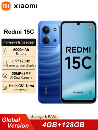 Xiaomi Redmi 15C 4+128G Smartphone Global Version 6.9" Dot Drop Display Massive 6000mAh Battery Supports 33W Fast Charging Helio G81-Ultra Processor Clear 50MP Al Dual Camera