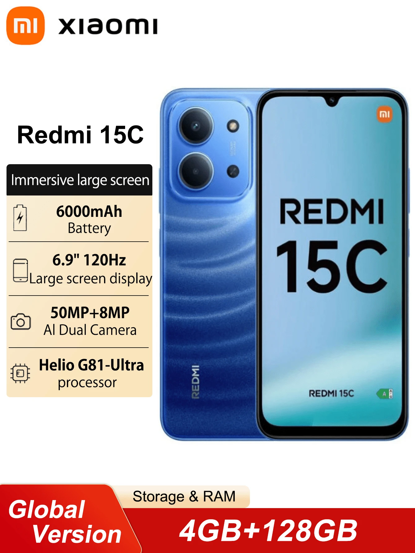 Xiaomi Redmi 15C 4+128G Smartfon w wersji globalnej 6,9-calowy wyświetlacz Dot Drop, ogromna bateria 6000 mAh, obsługuje szybkie ładowanie 33 W, procesor Helio G81-Ultra, wyraźny podwójny aparat 50 MP AI