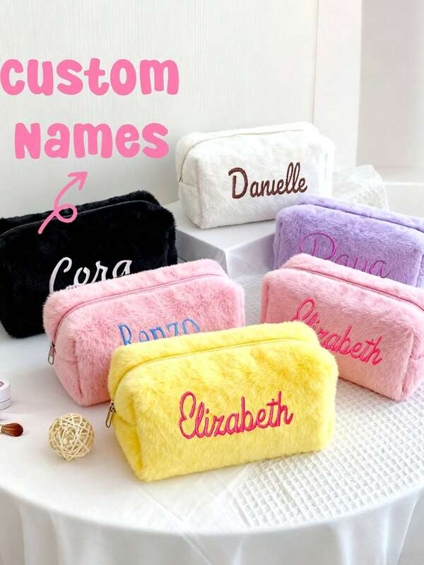 Personalized Plush Solid Colour Cosmetic Bag,Large Capacity Pencil Case Cosmetic Bag,Portable Travel Toiletry Bag,Back-To-School Gifts, Stationery And School Supplies, Travel Reusable Storage Bags,Aesthetic Makeup Storage Bag For School, Stationery, Cosmetics, Skin Care Products, Lipstick, Brushes, Coins, Small Items,Back To School,School Supplies