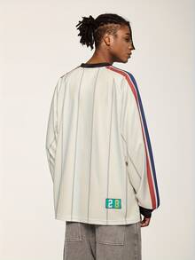 INFLATION 竖条纹数码印花长袖复古棒球运动休闲T恤，秋冬新品 - 杏色 - 查看 3