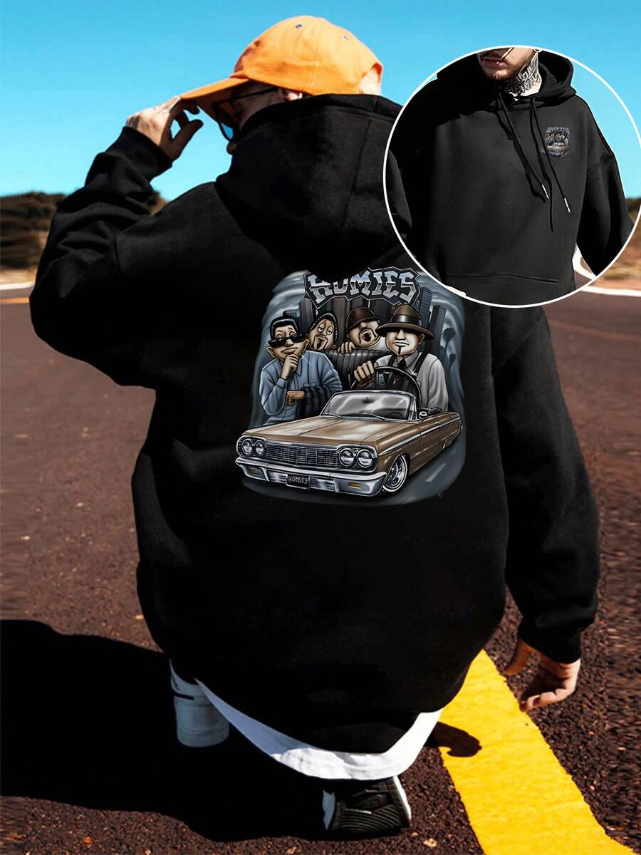 Men's Comfortable Hoodie Featuring Cartoon Lowrider And Gang Graphic,Perfect Streetwear Pullover With Adjustable Drawstring Hood - màu đen - Xem 1