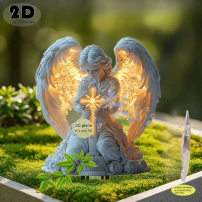 2D Flat 1 Angel Holding Cross Garden Ground Plug - Elegant Outdoor Decoration With Luminous Base, No Wiring Required, Weather Resistant Acrylic Ground Plug Suitable For Cemeteries, Lawns, Courtyards - Christmas, Mother's Day, Funeral Commemorative Gifts (30x25cm/11.8x9.8 Inches), Night Sky Effect, Durable Lawn Decoration, Cemetery Commemoration, Outdoor Angel Decoration