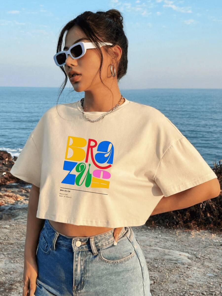 Cropped Oversized Drop Shoulder Beachwear Stylish Casual Blouse Summer Print - Brazil Brazuca Copa - 奶油色 - 查看 1