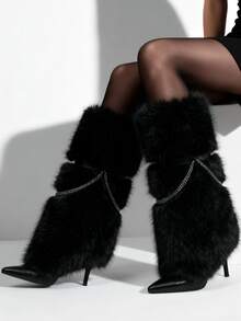 Women's Winter Furry Snow Boots Fuzzy Fluffy Knee High Pointed Toe High Heel Boots Outdoor Indoor Shoes Fashion Warm Fluffy Christmas Shoes For Women - 黑色 - 查看 3