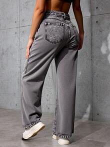 Pantalones Vaqueros de Mujer de Pierna Ancha - Diseño de Alta Cintura, Vaqueros que Favorecen la Silueta, Comodidad Sin Restricciones, Material Suave y Transpirable, Estilo Versátil para Ocasiones Diarias y Retro, Acabado Detallado con Costuras Elegantes - Gris - Ver 2