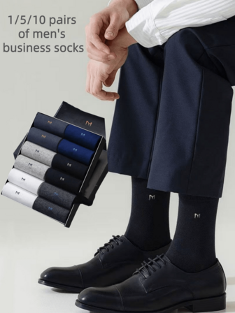 1/5/10双装男士商务休闲袜，95%涤纶，5%氨纶，柔软透气，吸湿排汗，防臭，中筒字母图案袜 - 男士袜子