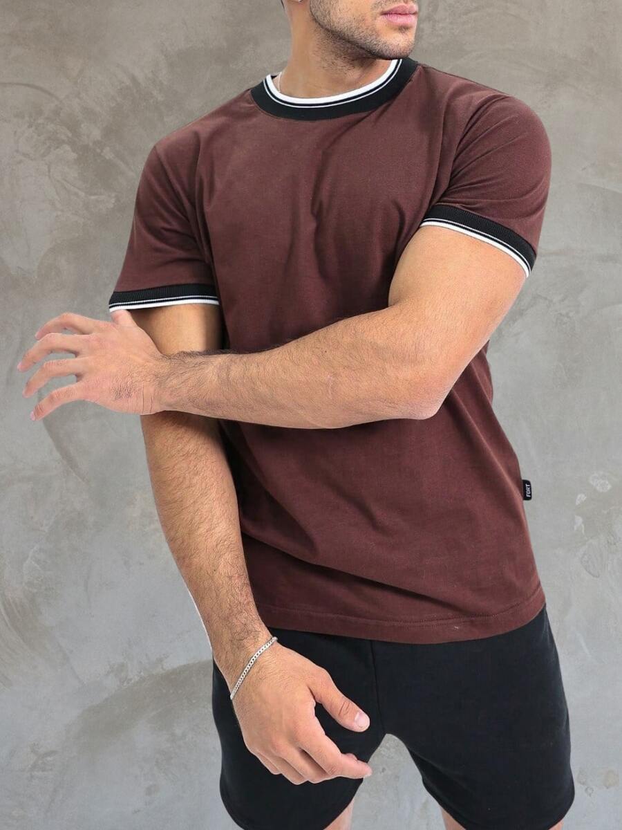 STRIPED T-SHIRT / BASIC T-SHIRT / MEN'S T-SHIRT / 100% COTTON T-SHIRT - 鏽棕色 - 查看 1