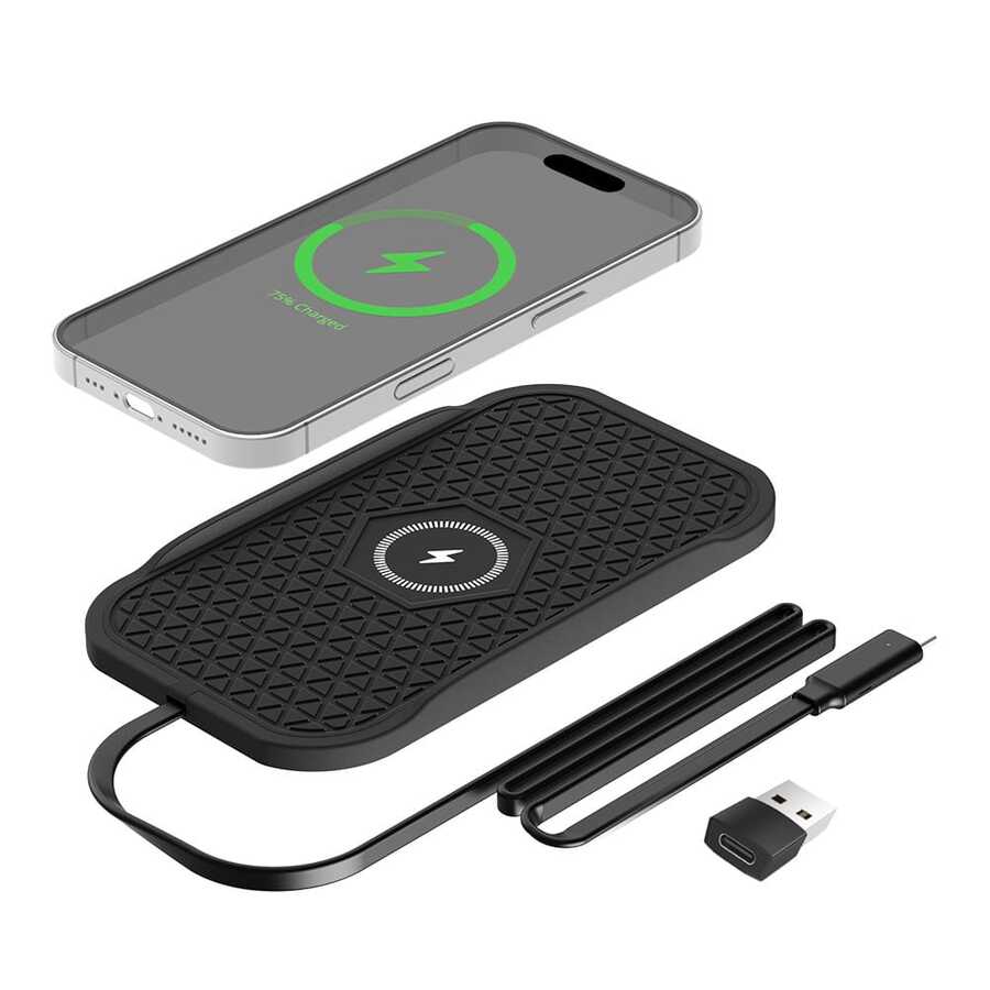 Bonola 15W车载无线充电器硅胶垫，兼容/安卓手机，15W无线快充，感应式无线充电器，配备0.8米Type-C接口数据线