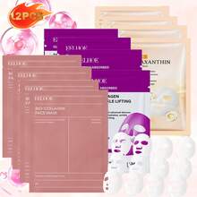 EELHOE 12pcs Hydrating Sheet Mask, Portable For Travel - Ideal Gift For Christmas NValentines Day, Mother'S Day, Birthdays, 4pcs Per Type ( Collagen Essence, Astaxanthin, Bio-Collagen Moisturizing Mask) - 彩色 - 查看 2