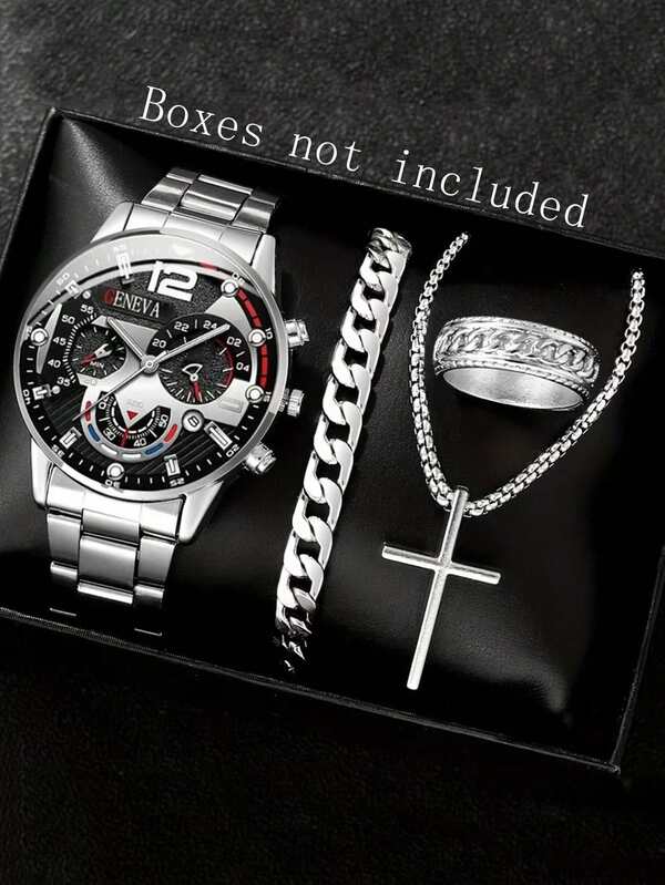 4pcs Men's Silver Stainless Steel Strap Fashion Casual Calendar Function Mixed Scale Circular Dial Bracelet Hip Hop Cross Necklace Ring Jewelry Set For Daily Wear Decoration Or Daily Gift Giving