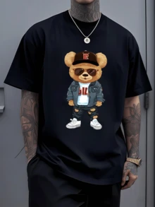 Camiseta Hombre Estampada con Oso Moderno y Gafas,Diseño Casual Juvenil,Algodón Cómodo y Fresco,Ideal para un Look Urbano con Estilo. - Negro - Ver 6