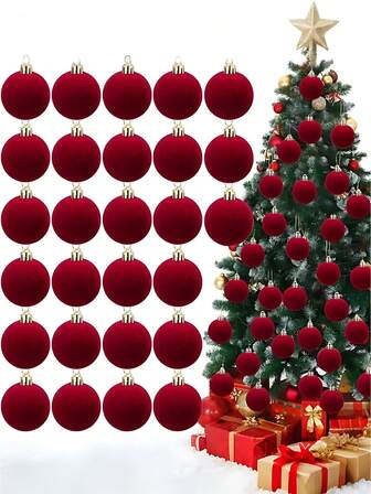 12pcs/1pc-Wine Christmas Ball Decoration, 3.15-Inch Christmas Tree Ball Decoration, Flocked Plastic Ball Christmas Hanging Decoration, Tree Holiday Party Flocked Christmas Hanging Decoration, Handcrafted Velvet Ball Christmas Tree Decoration, Christmas Velvet Tree Ball