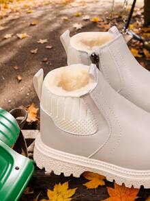 儿童冬季保暖内衬靴，简约英伦风侧拉链男女童厚底踝靴 - 米色 - 查看 5