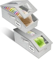 LEATVOOK 2PC/1PC Extra Large Baseball Hat Organizer , Hat Storage Box With Heavy-Duty Hidden Handle - Stackable Expandable Organizer, TPU Window & Cardboard Base, Non-Woven Fabric For Baseball Caps, Fitted/Fashion Glasses/Scarves - Holds 13-15 Hats (Grey, Foldable Closet Case), Bin, Can Organizer, Storage Organizer, Stackable Storage, Storage Container, Box Storage, Organizer Storage For Things, Storage Haven, Storage Boxes For Organizing, Organizer Bins, Multi Purpose Storage Box, Storage Bins For Shelves, Storage Box For,Perfect Christmas Gift. - Grey - View 2