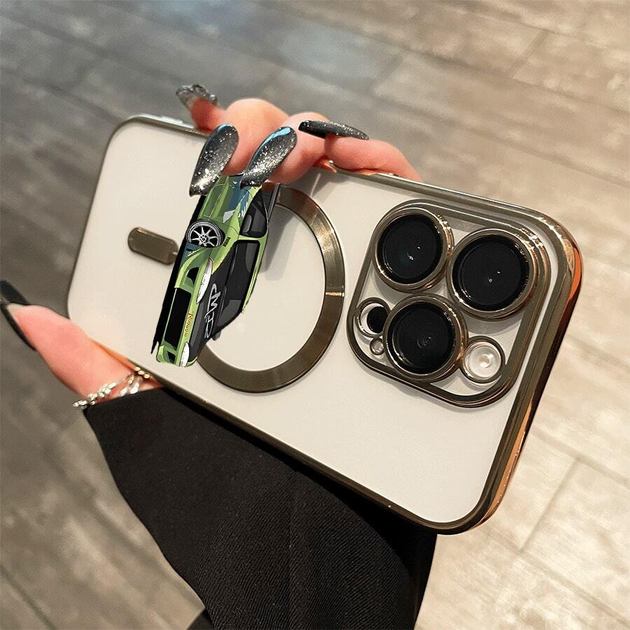 Teléfono con lente integral con diseño de coche de carreras verde, chapado magnético, compatible con carga inalámbrica magnética y compatible con phone 16 Pro Max, 16, 15 Pro, 14, 14 Plus/14 Pro Max, 13, 13 Pro, 12 Pro, 11/11 Pro y la serie Pro. ¡Ideal para regalar a amigos, en cumpleaños y en fiestas! - Dorado - Ver 1