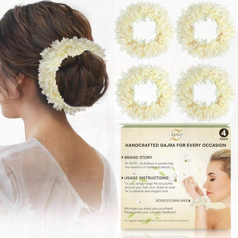 4 Pack Mogra Gajra For Hair, Artificial Scented Jasmine Flowers Hairbun, White Hair Accessories For Women, Hairband, Mogra Gajra Rubber Band, Reusable Traditional Veni, Bun, Bracelet, Juda & Wedding (4 PCS) - 如圖 - 查看 1