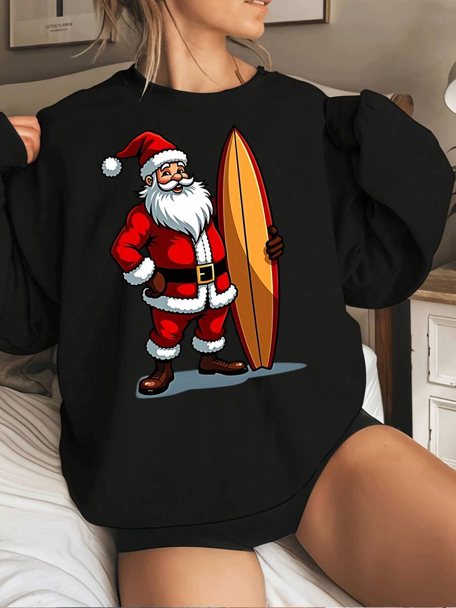 Sudadera con estampado gráfico de Santa Claus para mujer, jersey de cuello redondo con temática navideña, top playero festivo, atuendo navideño cómodo y elegante para mujer. - Negro - Ver 1