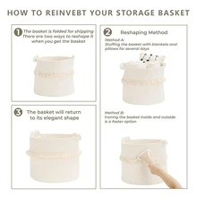 1pc Extra Large Woven Storage Basket, Handwoven, With Cute Tassel Decoration, Decorative Basket, Laundry Basket, Suitable For Storing Magazines, Toys, Blankets And Clothes, Baby Room Decoration - Home Storage Container. - White - View 7