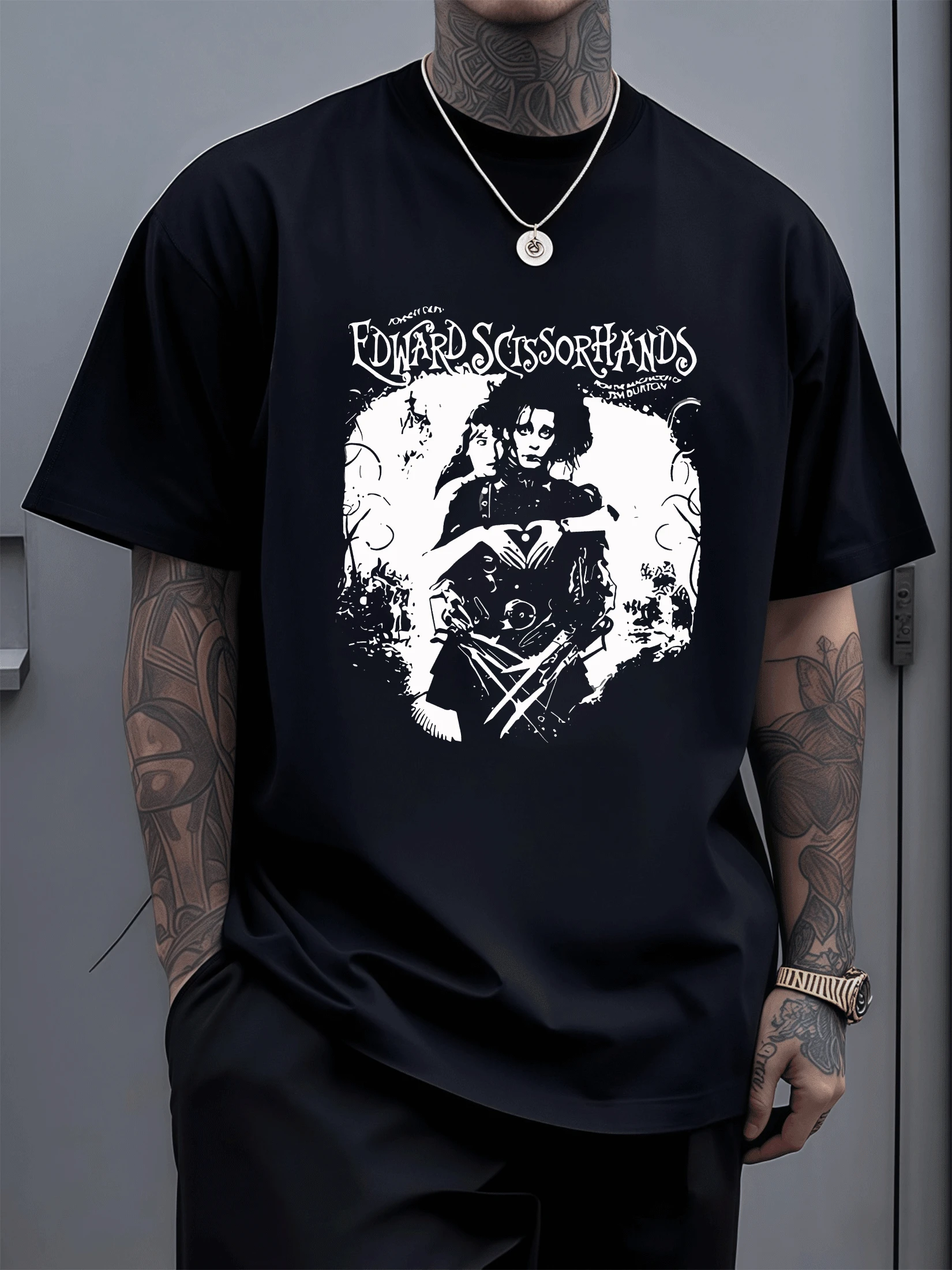 Camiseta de hombre con estampado de figura con tijeras,diseño original y moderno.Ideal para un look casual con estilo. - Negro - Ver 1