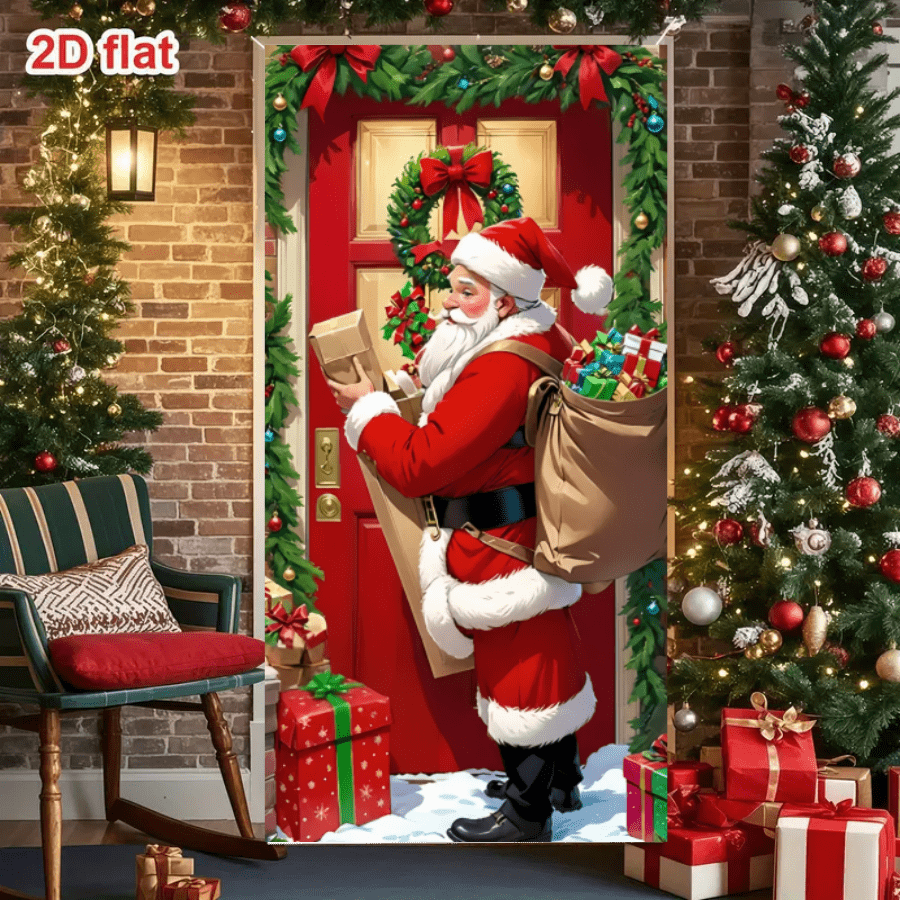 1 Stück 2D flacher Weihnachtsmann Weihnachtsgeschenk Vorhang, Polyesterstoff, fröhliche Weihnachten Innen-/Außenwanddekoration, Geschenkbox, Kranz - Weihnachtsparty Zubehör, Weihnachts-Eingangsbereich Dekoration, geeignet für Haustür, Veranda, Innenwand, Feiertags-Themen Veranstaltungen, Festivalfeiern und Foto-Hintergrund, Raumdekoration Banner Flagge, Weihnachts- und Neujahrsdekoration