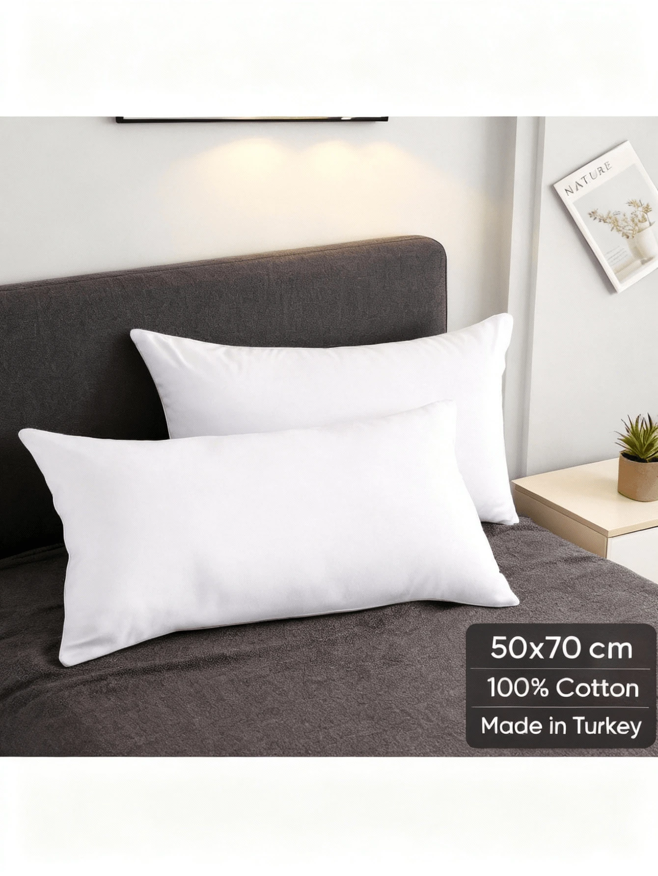 TILLVERKAD I TURKIET - Tella 100% bomullskudde – 50x70 cm – 800 g – Mjuk och andningsbar – Set om 2 - Vitt - Visa 1