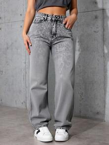 Pantalones Vaqueros de Mujer de Pierna Ancha - Diseño de Alta Cintura, Vaqueros que Favorecen la Silueta, Comodidad Sin Restricciones, Material Suave y Transpirable, Estilo Versátil para Ocasiones Diarias y Retro, Acabado Detallado con Costuras Elegantes - Gris - Ver 3