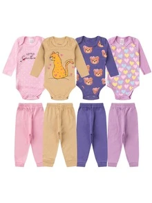 Kit 8 Peças Body Bebê Manga Longa Roupas de Bebê 100% Algodão - 4 Conjuntos - Pink - Visão 1