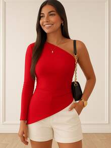 Women's Asymmetrical Blouse, Elegant One Shoulder, Long Sleeve, Premium Ribbed - 紅色 - 查看 3