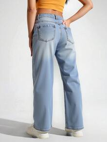 Pantalones de Jean de Moda para Mujer con Bolsillos, Pantalones Anchos con Cierre de Botón en la Cintura, Estilo Trendy y Vanguardista - Azul claro - Ver 2