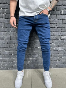 Men's Stretchy Skinny Solid Color American Casual Jeans - Blue - View 1