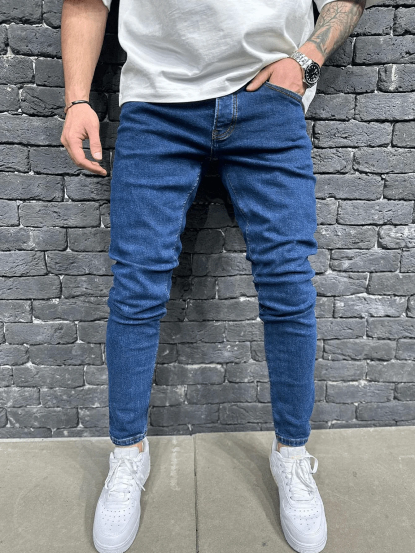 Men's Stretchy Skinny Solid Color American Casual Jeans - Blue - View 1
