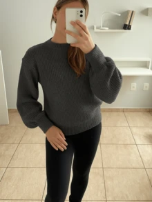 WOMEN'S KNIT SWEATER Puffed Sleeve Knitted Fang Modern Sophisticated - Than chì - Xem 3