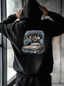 Men's Comfortable Hoodie Featuring Cartoon Lowrider And Gang Graphic,Perfect Streetwear Pullover With Adjustable Drawstring Hood - màu đen - Xem 2