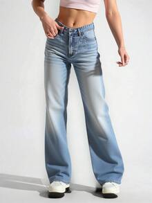 Pantalones de Jean de Moda para Mujer con Bolsillos, Pantalones Anchos con Cierre de Botón en la Cintura, Estilo Trendy y Vanguardista - Azul claro - Ver 3