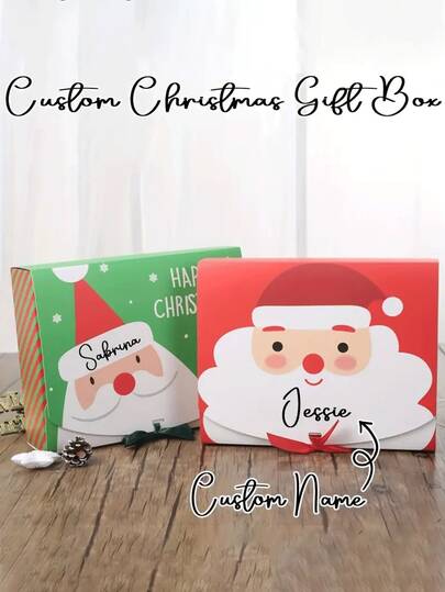 Caixa de presente de Natal personalizada (gravação de nome/mensagem disponível) - Painel grande personalizável, exemplos: Papai Noel/Sophia/Harry/James/Jesse, adequada para família, amigos, eventos corporativos, embalagem para festas em grandes quantidades - etiqueta elegante em estilo manuscrito