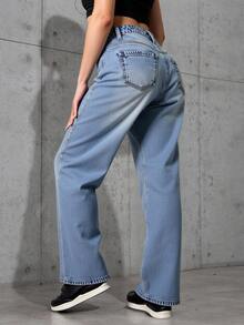 Pantalones Vaqueros de Mujer de Pierna Ancha - Diseño de Alta Cintura, Vaqueros que Favorecen la Silueta, Comodidad Sin Restricciones, Material Suave y Transpirable, Estilo Versátil para Ocasiones Diarias y Retro, Acabado Detallado con Costuras Elegantes - Flor azul claro - Ver 3