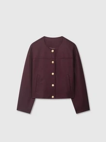 Gold Button Contrast Color Round Neck Casual Versatile Women's Fashionable Soft Jacket - Burgundy - View 1